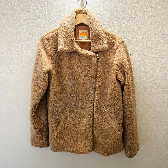 C&C California Faux Shearling Moto Jacket Women Small Tan Teddy Sherpa Zip Coat - Picture 3 of 6